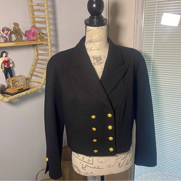 ESCADA Margaretha Ley Vtg 80’s Black Cropped Wool Gold Crest Button Jacket Sz 42 - Picture 8 of 16